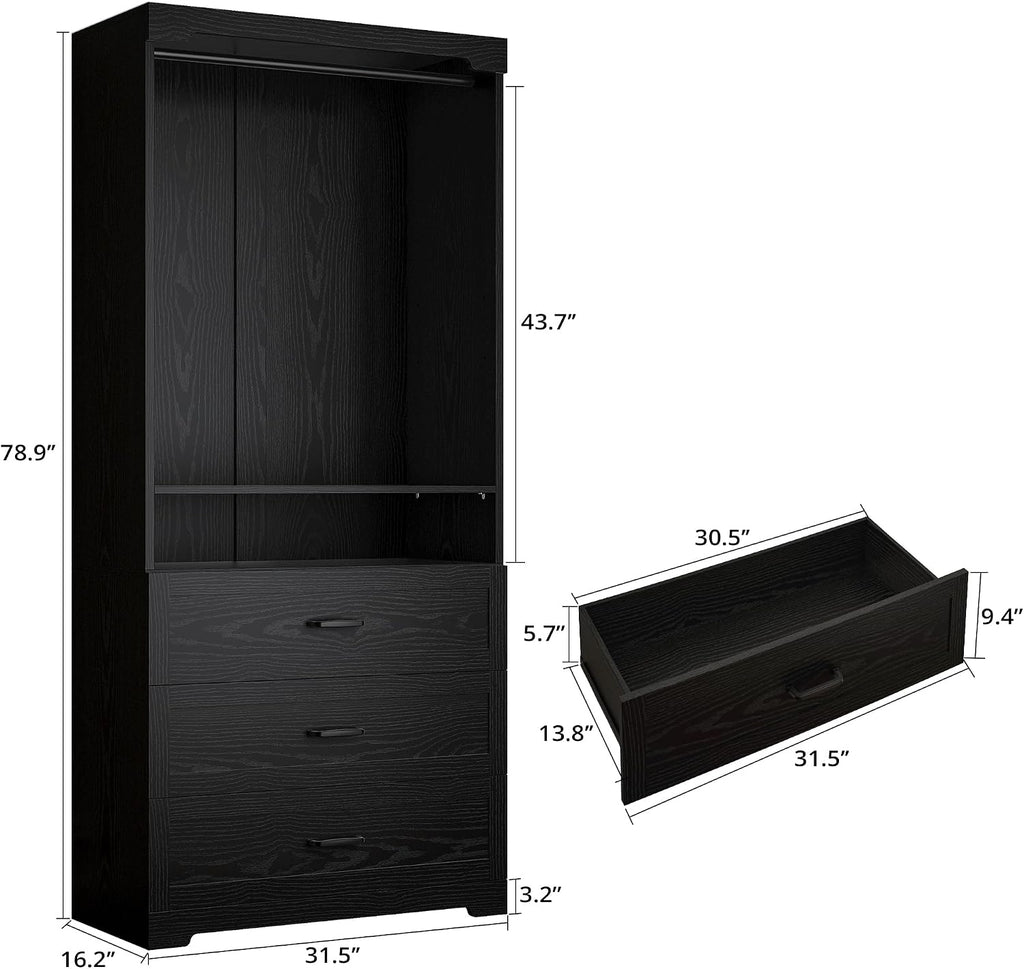 IRONCK Freestanding Closet System with Adjustable Shelves & 3 Drawers | Modern armoire wardrobe with adjustable shelves & hanging rod, walk-in closet organizer for small spaces, space-saving design