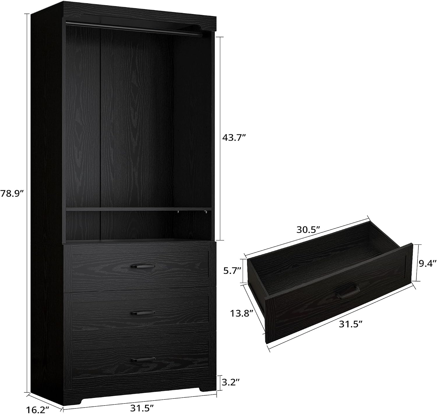 IRONCK Freestanding Closet System with Adjustable Shelves & 3 Drawers | Modern armoire wardrobe with adjustable shelves & hanging rod, walk-in closet organizer for small spaces, space-saving design