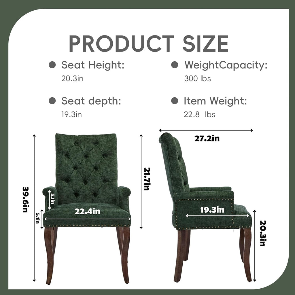 Upholstered Tufted Chenille Dining Chairs with Arms & Nailhead Trim – Solid Wood Frame & Legs, Modern Farmhouse for Dining, Kitchen & Living Room (Set of 2, Olive Green)