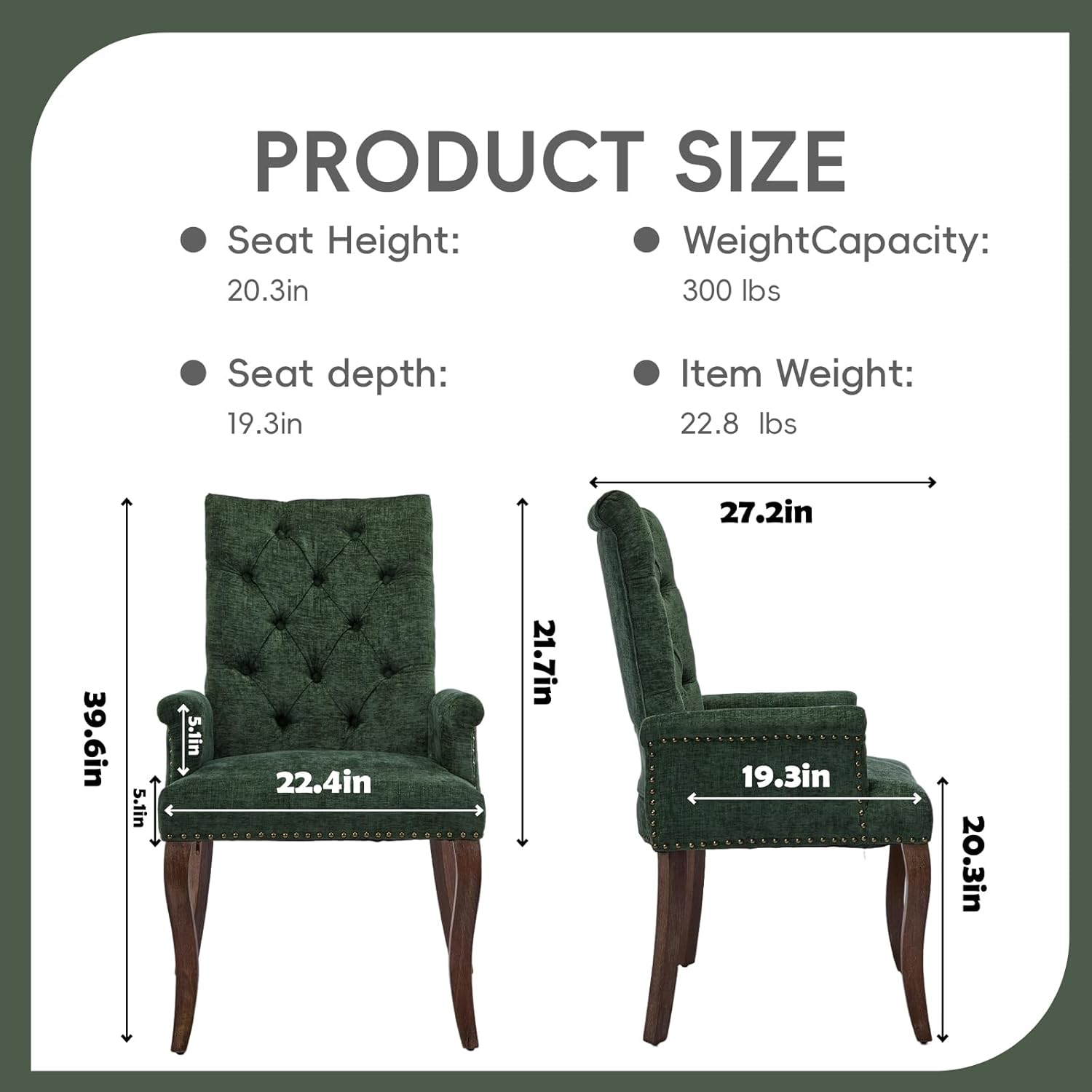 Upholstered Tufted Chenille Dining Chairs with Arms & Nailhead Trim – Solid Wood Frame & Legs, Modern Farmhouse for Dining, Kitchen & Living Room (Set of 2, Olive Green)