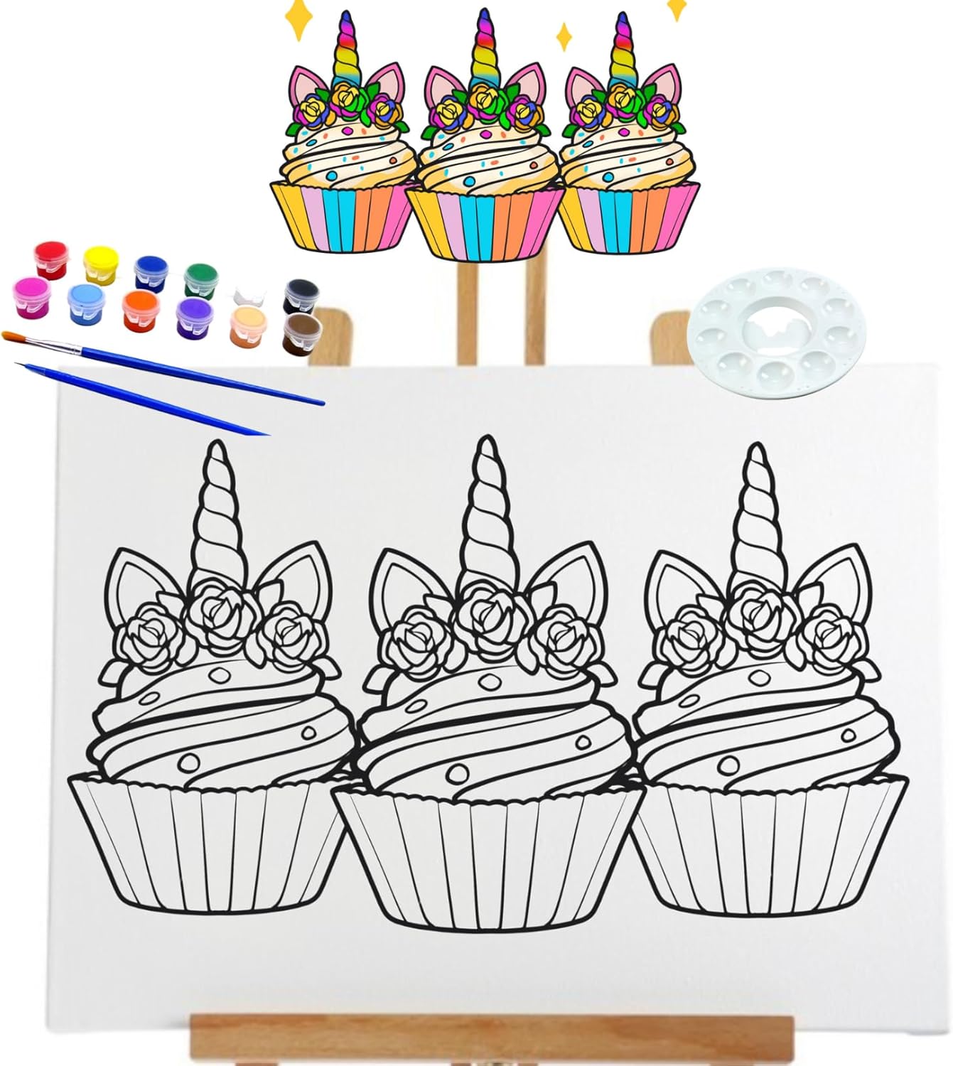 Essenburg Pre Drawn Canvas UNICORN Paint Kit | Adult & Teen Sip and Paint Party Favor | DIY Date Night Couple Activity 8X10 Canvas with paint kit (Cupcake)