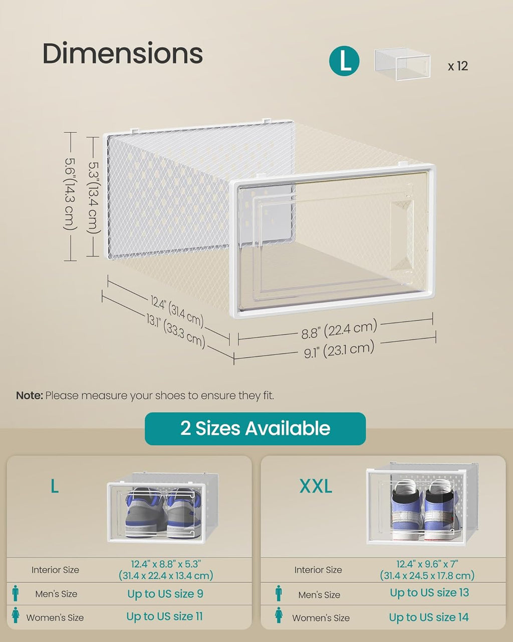 SONGMICS Shoe Boxes, Pack of 12 Shoe Storage Organizers, Stackable Clear Plastic Boxes for Closet, Sneakers, 13.1 x 9.1 x 5.6 Inches, Transparent and White ULSP12SWT