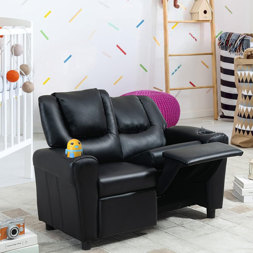 AVAWING Kids Recliner Chair, Double PU Leather Kids Loveseat w/Cup Holder, Lounge Sofa Chair w/Adjustable Footrest & Headrest for Boys Girls 3+ Age Group, Black