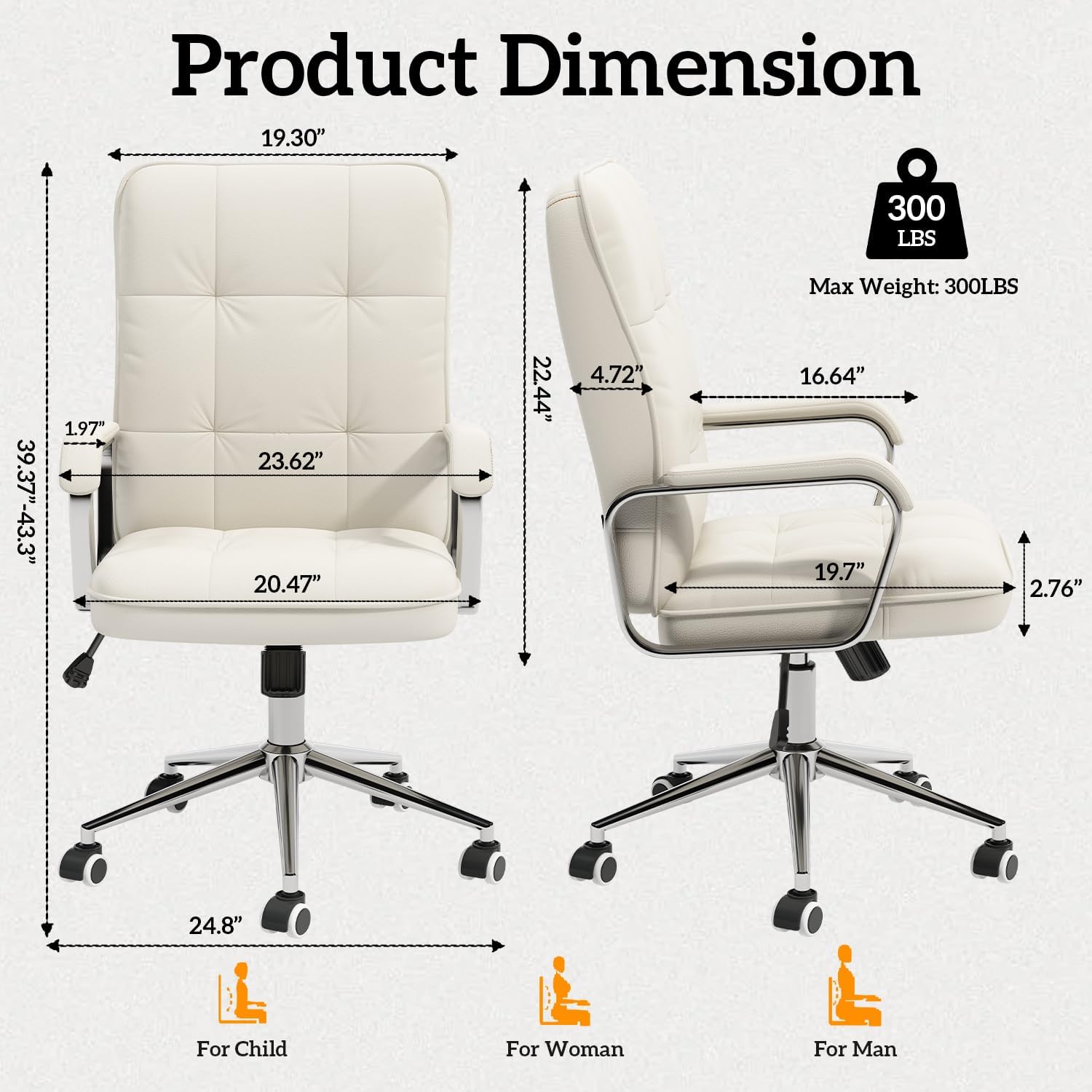 White Office Chair with Soft Leather, Swivel Executive Office Desk Chair with Wheels and Padded Arms, Adjustable Height