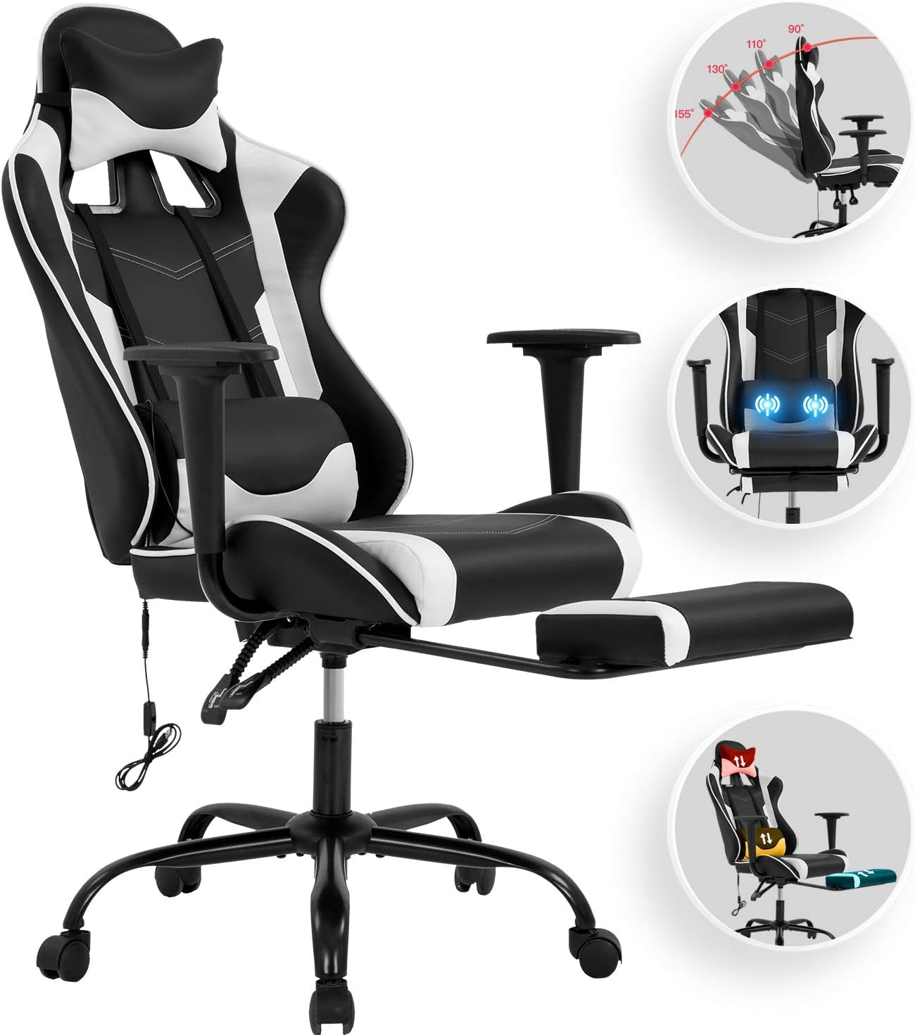 Computer Gaming Chair PC Ergonomic Office Chair Home Executive Desk Chair Adjustable High-Back PU Leather Racing Rolling Swivel Task Lumbar Support Footrest Headrest Armrest Massager