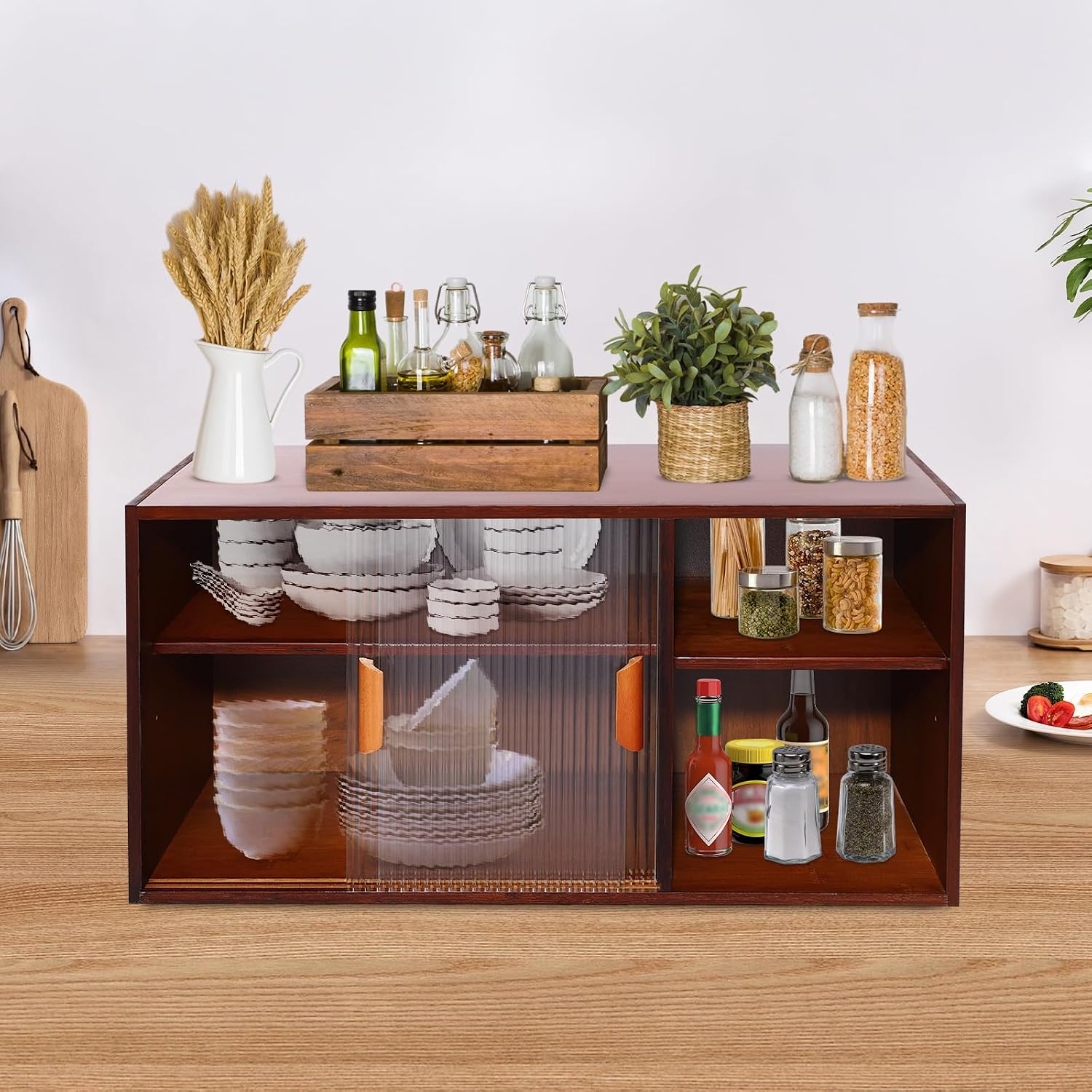 Small Kitchen Pantry Sideboard with 2 Sliding Tempered Glass Doors, Wall Mount or Countertop Cupboard Pantry Cabinet, 31.5 x 11 x 15.7in Storage Cabinets for Dinner Plates, Bowls, Plates