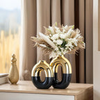 Black and Gold Ceramic Vase Set Home Decor,Round Donut Vase for Pampas Grass for Shelf Decor Home,Nordic Modern Oval for Bookshelf,FireplaceMantle,Centerpieces,Farmhouse,Rustic Décor