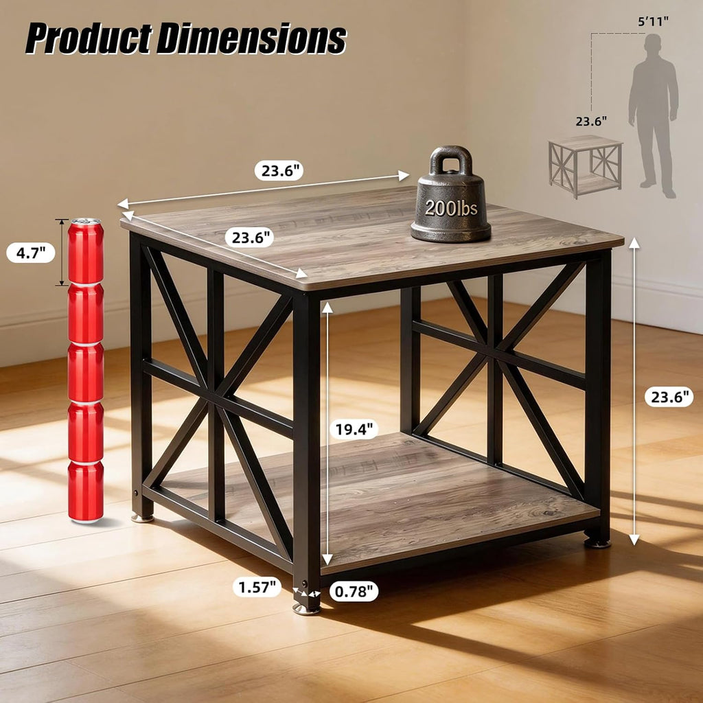 TooCust Square End Table with Storage Shelf, 24 inch Large Side Table with Rounded Corners, 2-Tier End Table Living Room, Upgraded X-Shaped Night Stand for Bedroom, Farmhouse Wood Table, Grey Wash