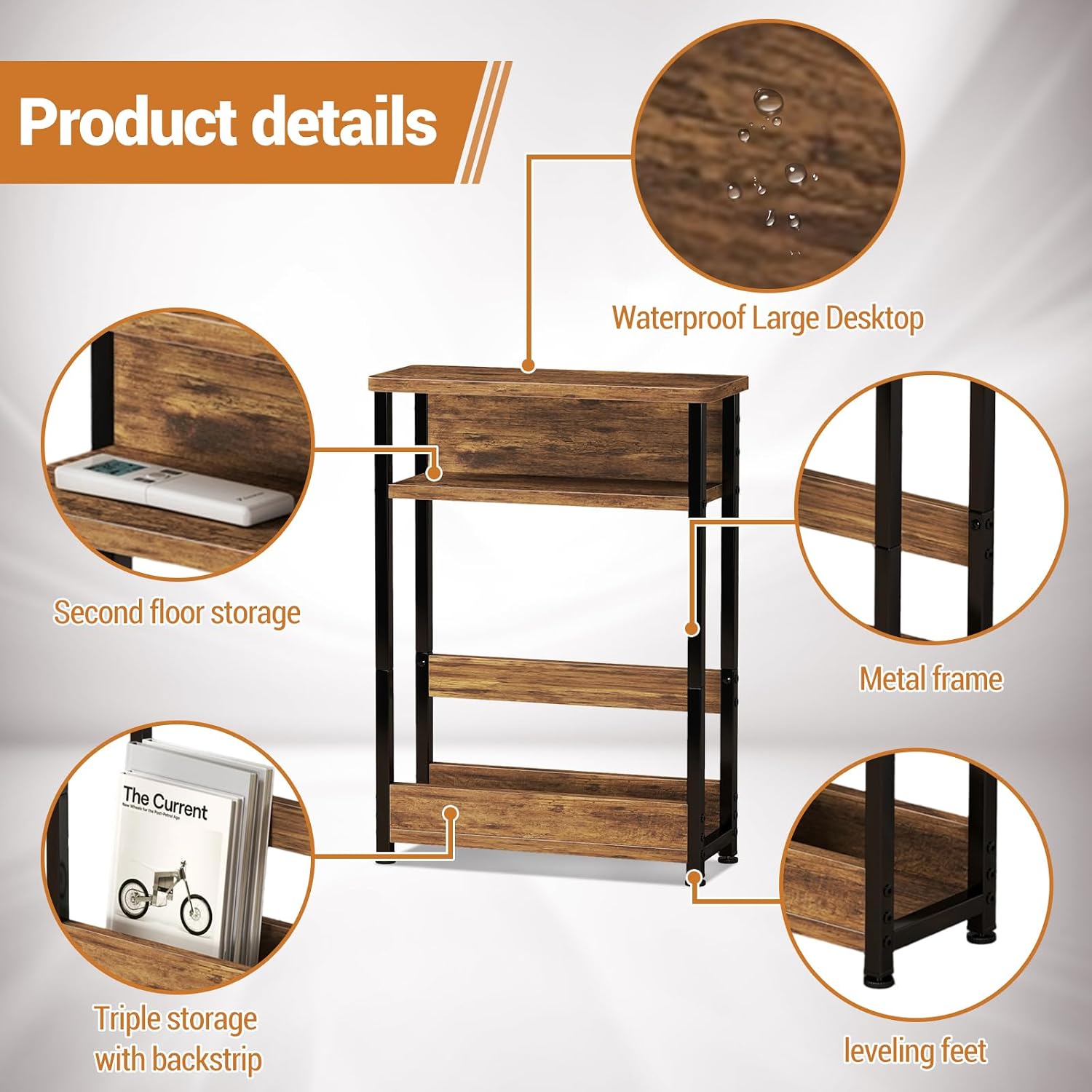Garvee Narrow Side Table, 3-Tier Slim End Table with Storage Shelf, Modern Sofa Thin Side Tables for Narrow and Small Spaces, Skinny Bedside Tables Nightstand with Magazine Rack Space Saving Brown