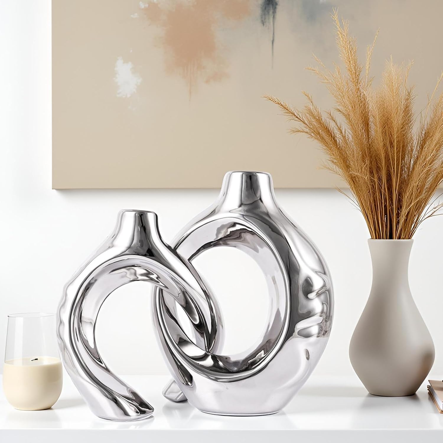 Ceramic Vase Set of 2 for Modern Home Decor,Round Boho Vase for Pampas Grass,Neutral Minimalist Statue for Dining Room Table Centerpiece Dining Room,Wedding Table Decoration (Silver1)