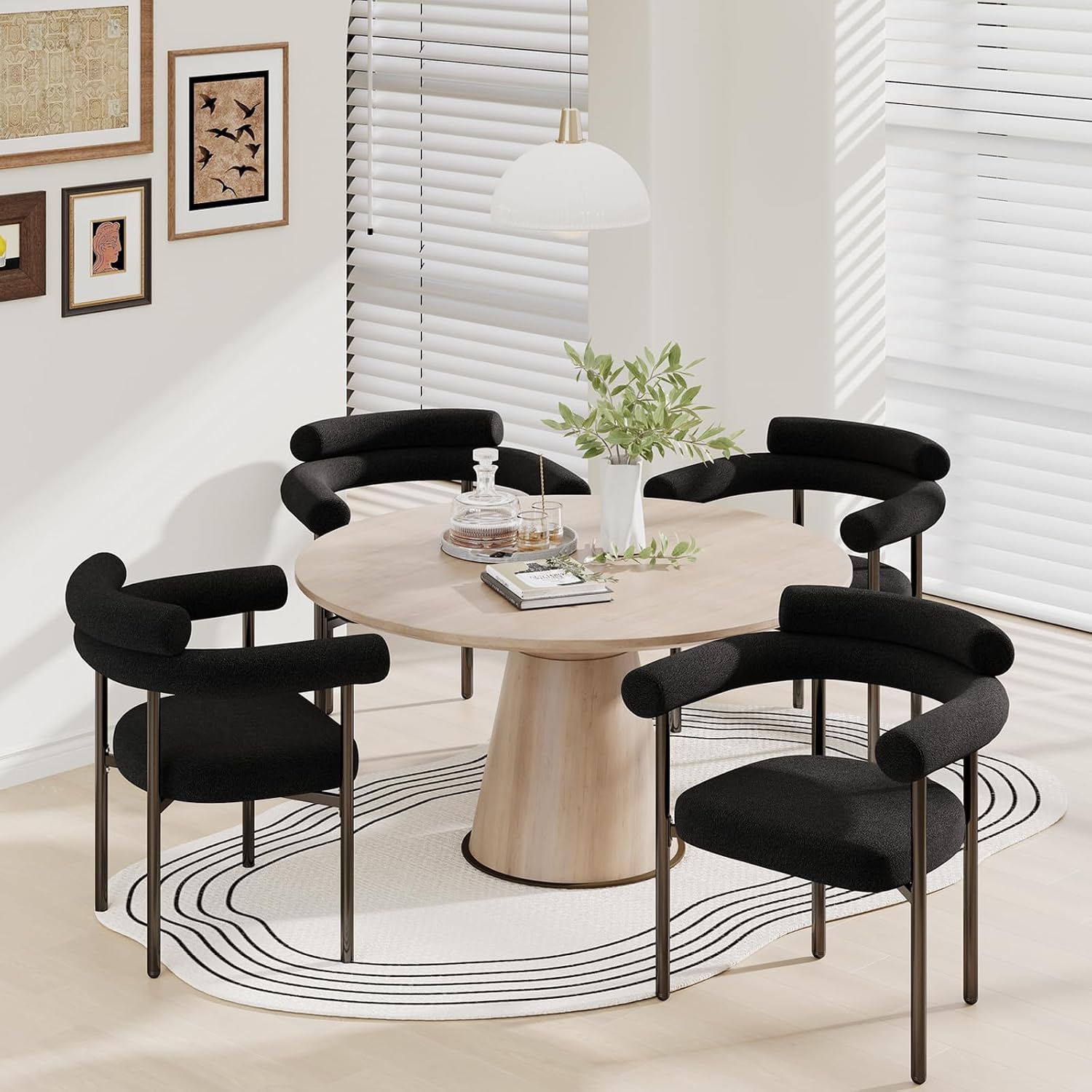STHOUYN Modern Black Dining Chairs Set of 4 for Kitchen & Dining Room, Boucle Dining Chair with Arms, Barrel Dinner Chairs with Metal Legs & Curved Backres (4PCS, Black)