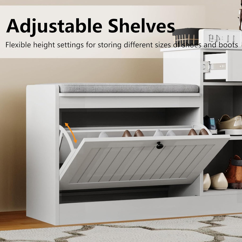 Shoe Storage Bench, Modern Wooden Shoe Cabinet with Flip Drawer and Adjustable Shelf, Entry Way Bench with Padded Seat Cushion for Entryway, Hallway, Living Room,Pebble Grey