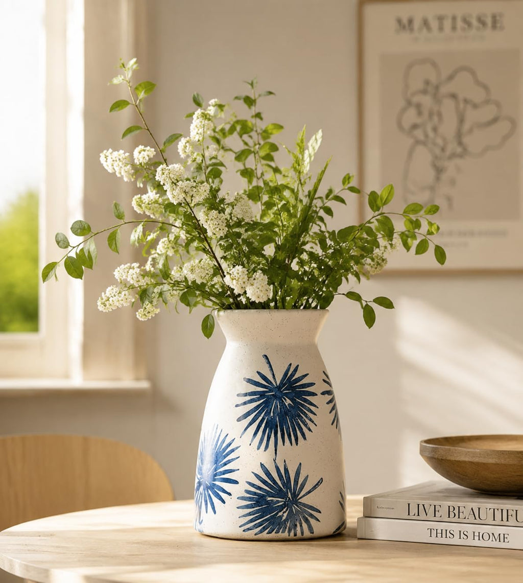 hjn White Flower Vase- Ceramic Vase for Decor, White vase for Flowers, Modern Vases for Living Room/Home Decor Accents/Entryway/Mantel/Bookshel-Teal