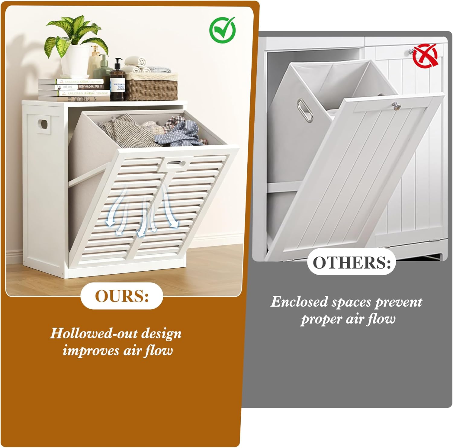VASMIA Tilt Out Laundry Hamper, Bamboo Laundry Cabinet with Hidden Removable Basket,Dirty Clothes Storage Organizer for Bedroom, Bathroom, Living Room, White