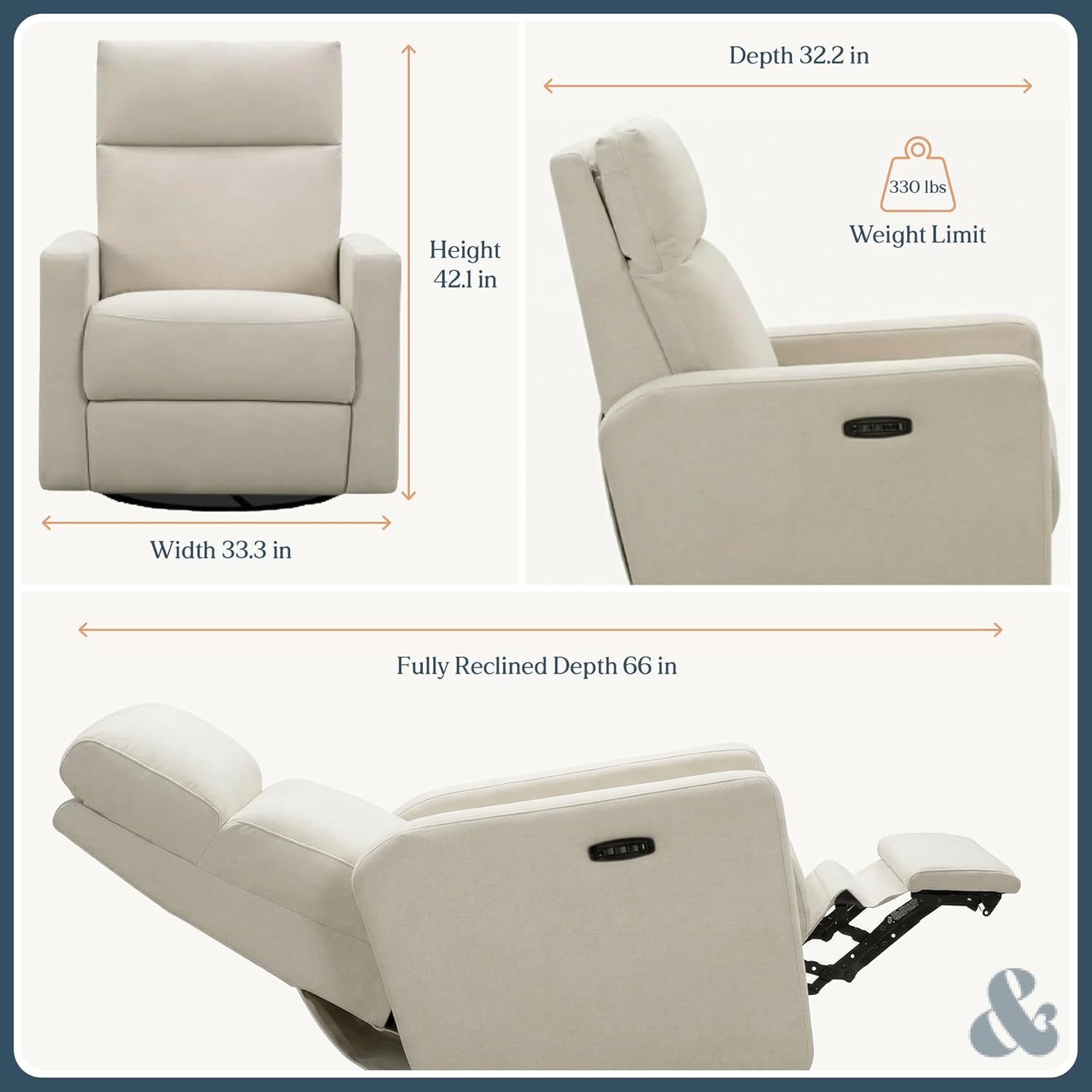 Nurture& The Glider Plus - Premium Nursery Power Recliner | Swivel Chair with Adjustable Head Support and Adjustable Lumbar Support | Built-in USB - The Ultimate Comfort for Nursing, Relaxing (Ivory)