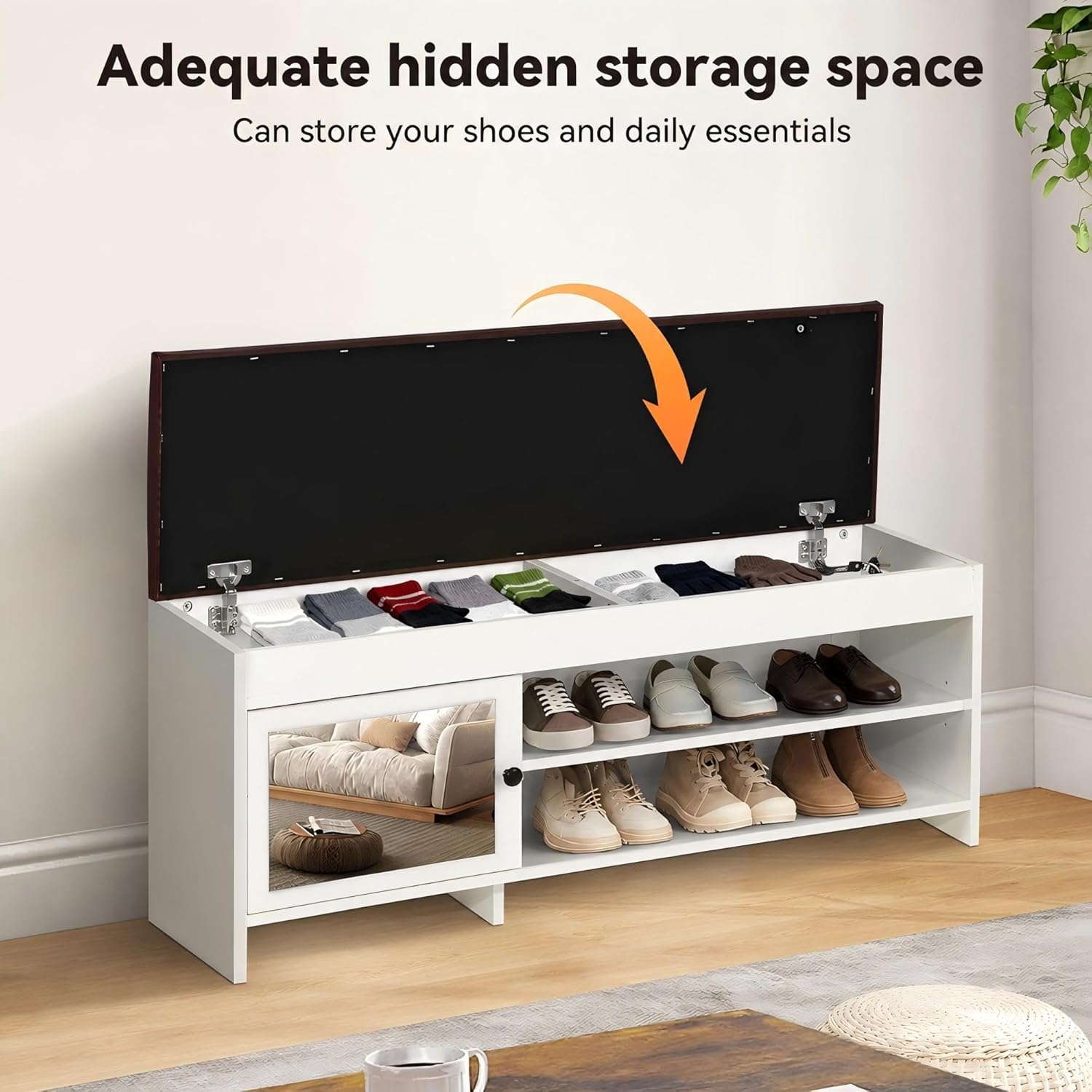 40.5 in Shoe Bench with Storage, Storage Bench, Padded Seat, White | Lift-top storage, 2-tier shoe storage, adjustable shelves, mirrored cabinet doors for entryway, mudroom, bedroom