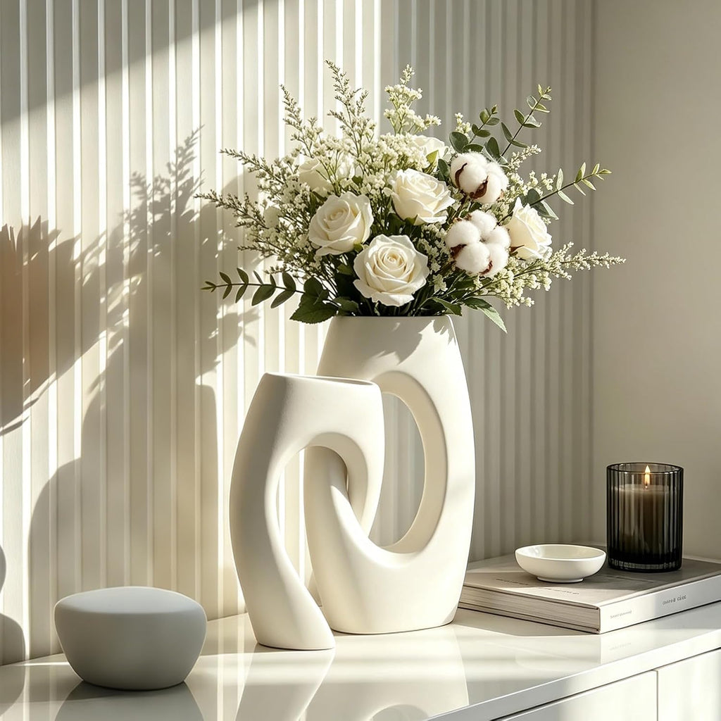 Ceramic Vase Set of 2 by DecoVlog, White Hollow Living Room Decor Vase, Minimalist Decorative Modern Boho Vase for Table Centerpiece Wedding Dining Living Room Office House Decoration