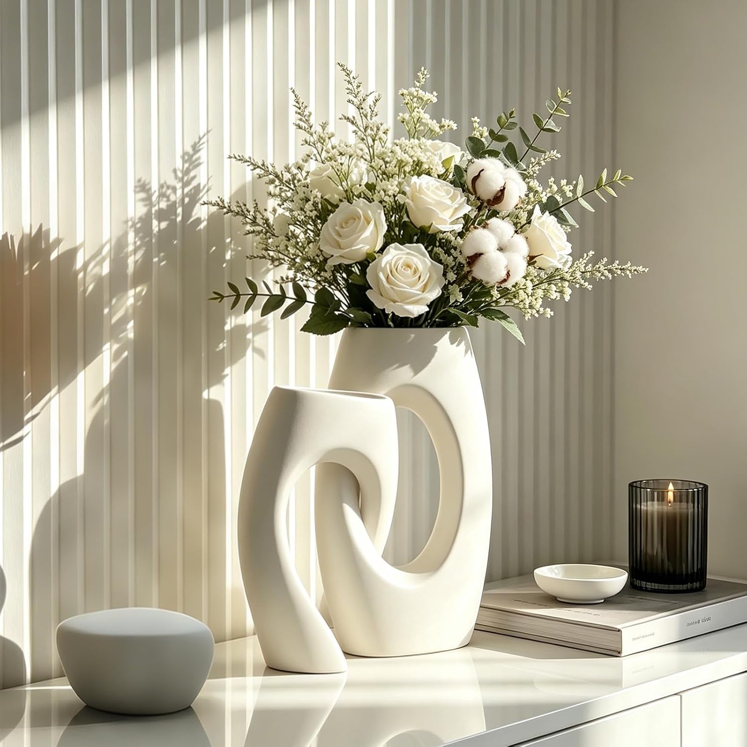 Ceramic Vase Set of 2 by DecoVlog, White Hollow Living Room Decor Vase, Minimalist Decorative Modern Boho Vase for Table Centerpiece Wedding Dining Living Room Office House Decoration
