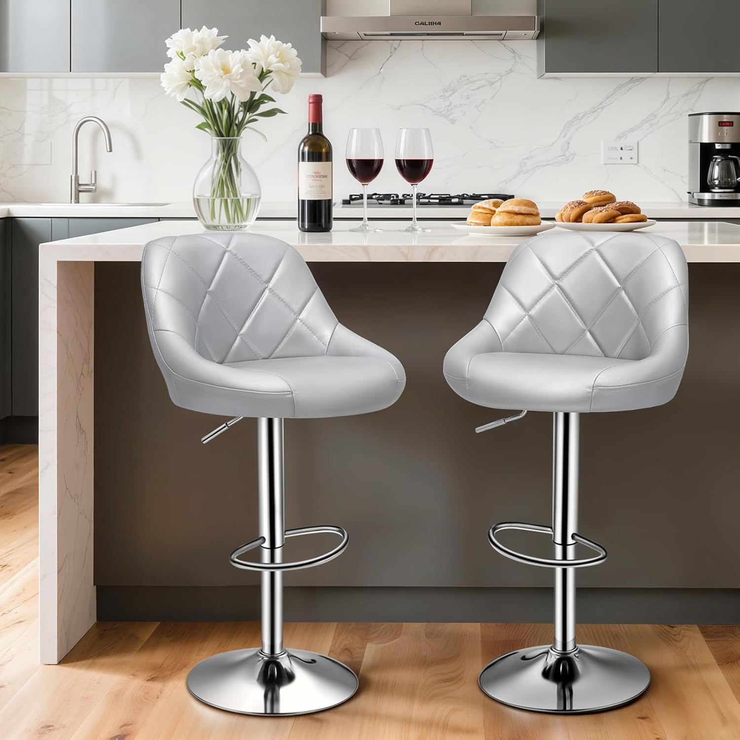 Magshion Bar Stools Set of 2, Swivel Counter Height Bar Stools, Modern Island Chair with Back and Footrest for Kitchen Dining Room, Silver