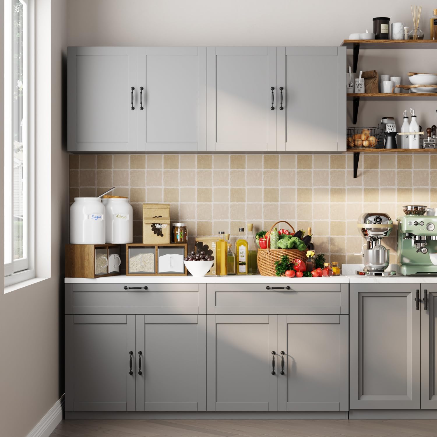 ECACAD Wall-Mounted Kitchen Pantry with Doors, Drawers & Adjustable Shelves, Kitchen Cupboard Storage Cabinet with White Top for Living Room, Grey