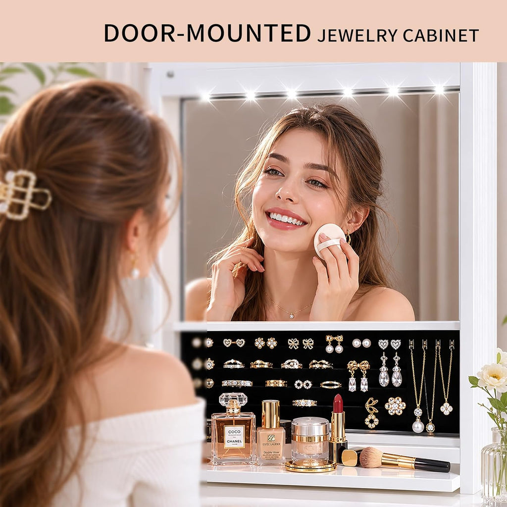 Over the Door Jewelry Organizer, Wall Mounted Jewelry Cabinet, Hanging Mirror with Storage Box, Wall/Door Mounted Full Length Mirror with LED