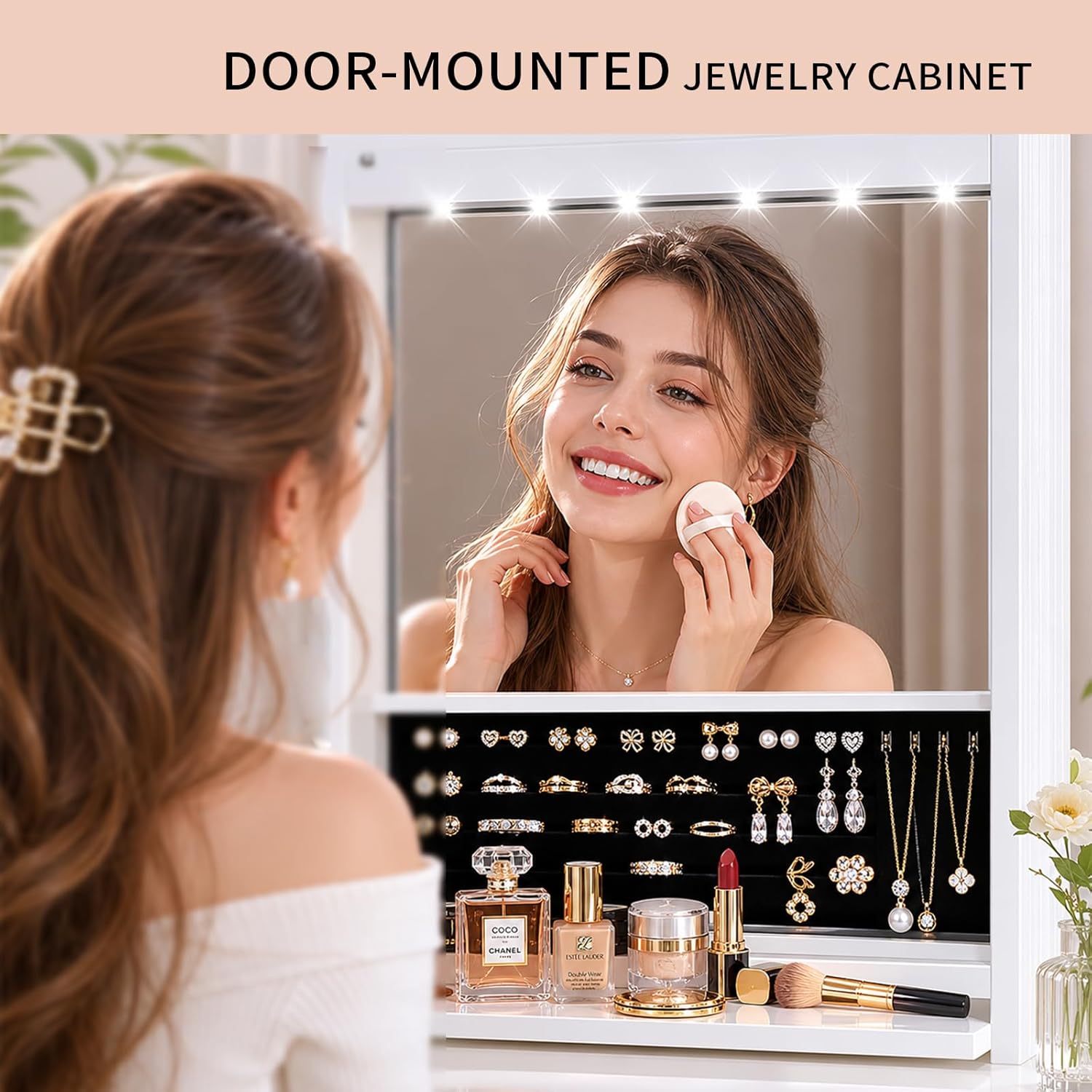 Over the Door Jewelry Organizer, Wall Mounted Jewelry Cabinet, Hanging Mirror with Storage Box, Wall/Door Mounted Full Length Mirror with LED