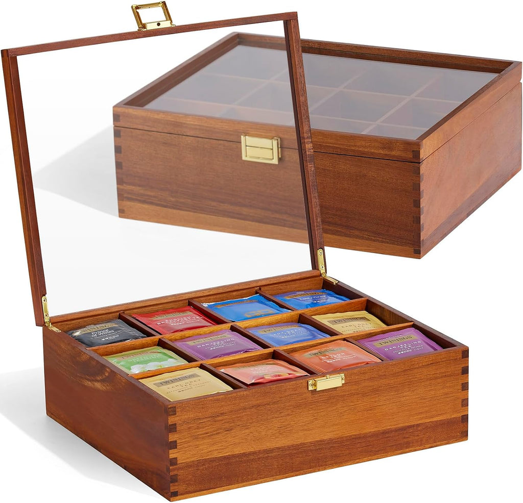HouseJoy Wood Tea Bag Organizer: 12 Compartments with Clear Glass Lid | Acacia Wood-Large Capacity-Tea Bag Storage Holder for Countertop Kitchen Pantry-Gift For Tea Lover-Keep Tea Bag Fresh