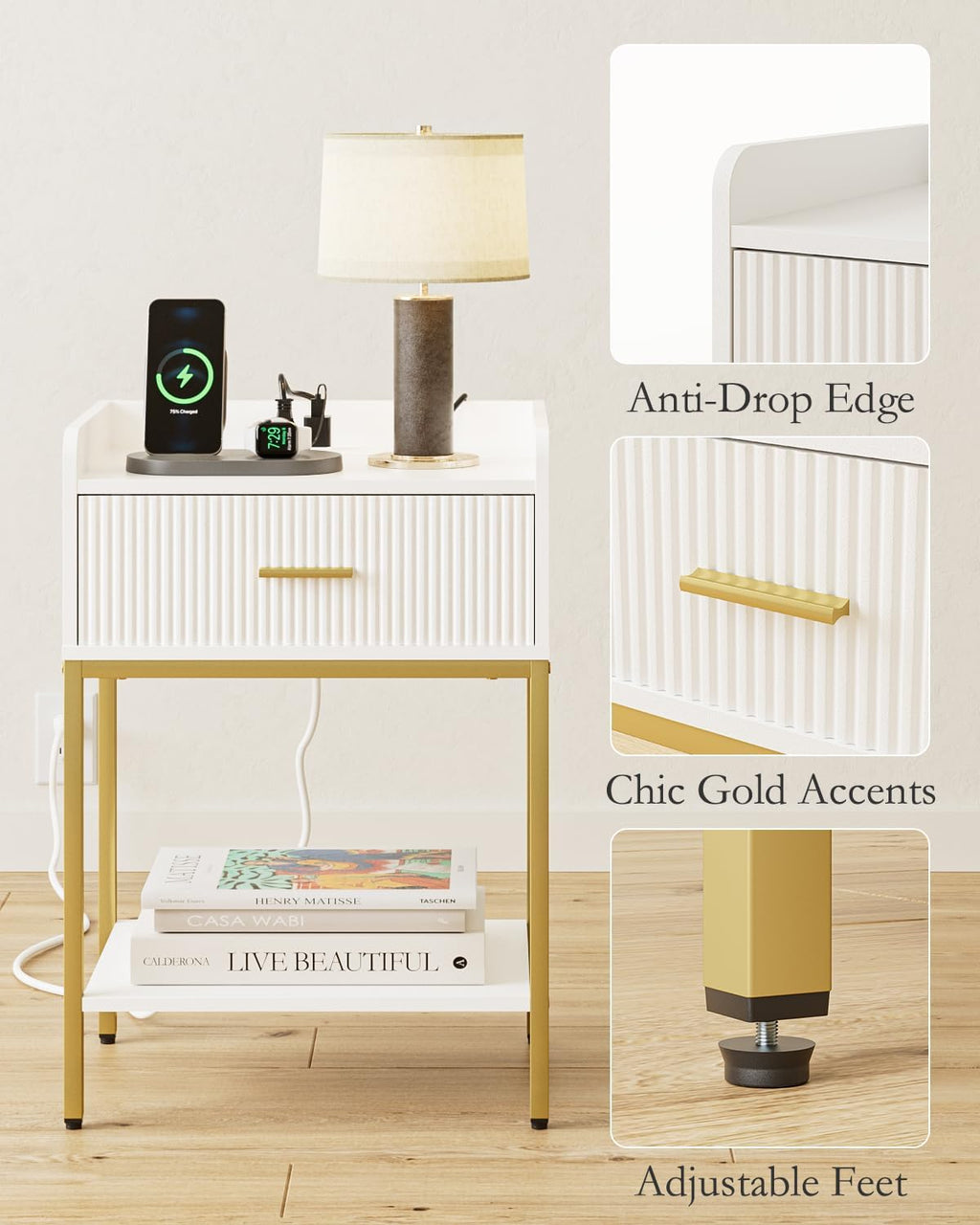Nightstand with Charging Station, 3-Tier Bed Side Table, Small End Table, Night Stand with Open Shelf and Drawer, Bedside Table for Bedroom, Living Room, White