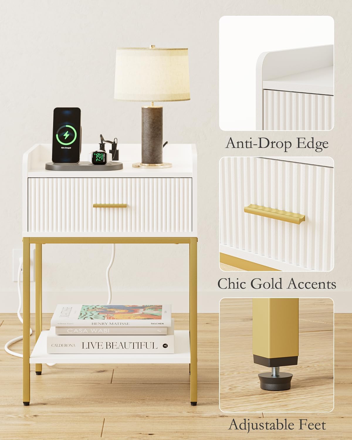 Nightstand with Charging Station, 3-Tier Bed Side Table, Small End Table, Night Stand with Open Shelf and Drawer, Bedside Table for Bedroom, Living Room, White