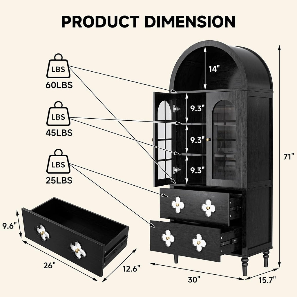 DoCred 71" Tall Arched Kitchen Pantry with Glass Doors, Retro Wood Arched Cabinet, Luxury Arch Bookshelf, 4 Shelves & 2 Drawers, Storage Cabinet for Kitchen, Dining Room, Living Room,Black