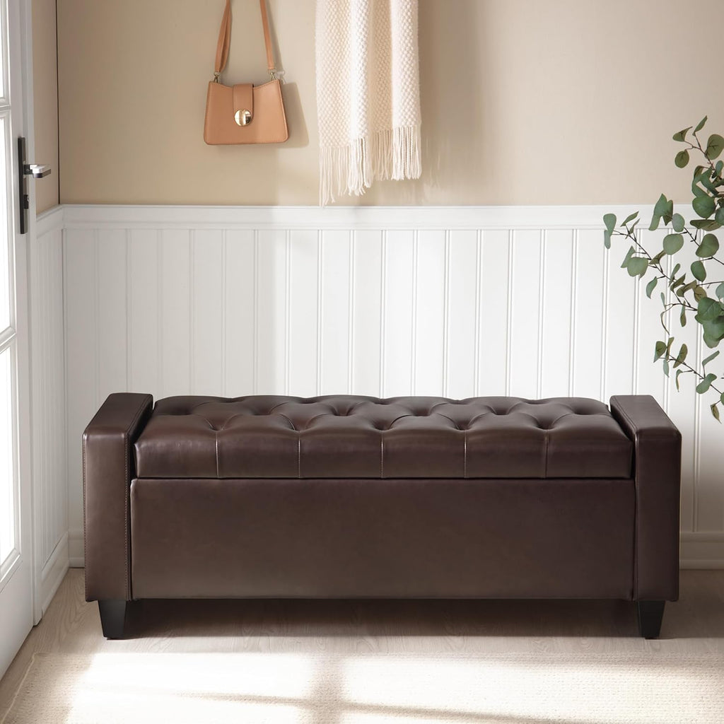 Zihanhome Ottoman with Storage，Storage Ottoman Bench, Faux Leather Storage Bench for Bedroom with Safety Hinge，Bedroom Benches with Seating for Living Room, Entryway (Dark Brown-PU)