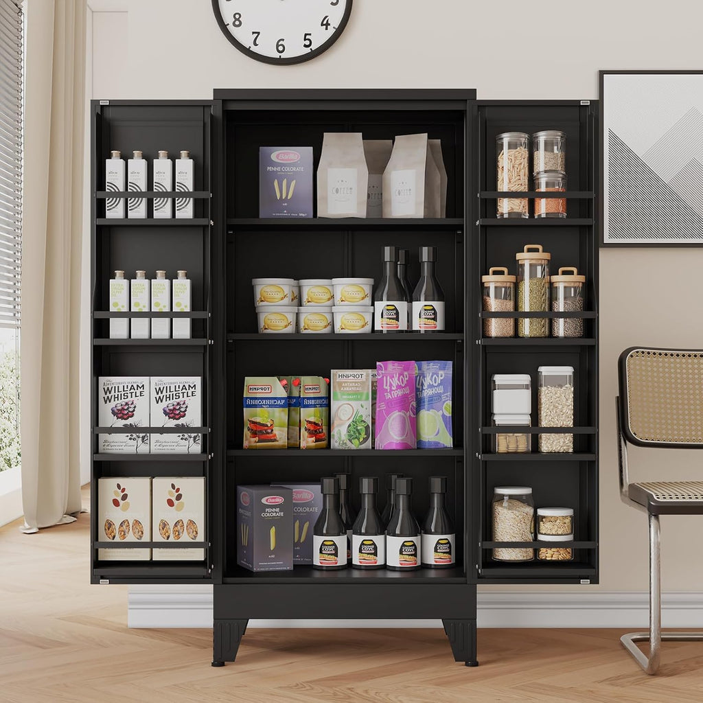 51" H Tall Metal Kitchen Pantry Storage Cabinet, Freestanding Storage Cabinets with Magnetic Doors and Adjustable Shelves, Black Metal Pantry Cabinet for Dining Room and Living Room.