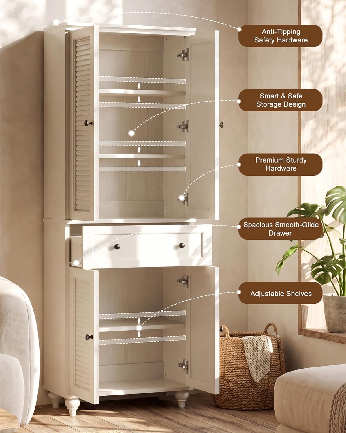 80" Tall Storage Cabinet with Louvered Doors and Adjustable Shelves, Farmhouse Kitchen Pantry Cabinet, Freestanding Storage for Dining Room, Living Room, Home Office, Bathroom, Rustic White