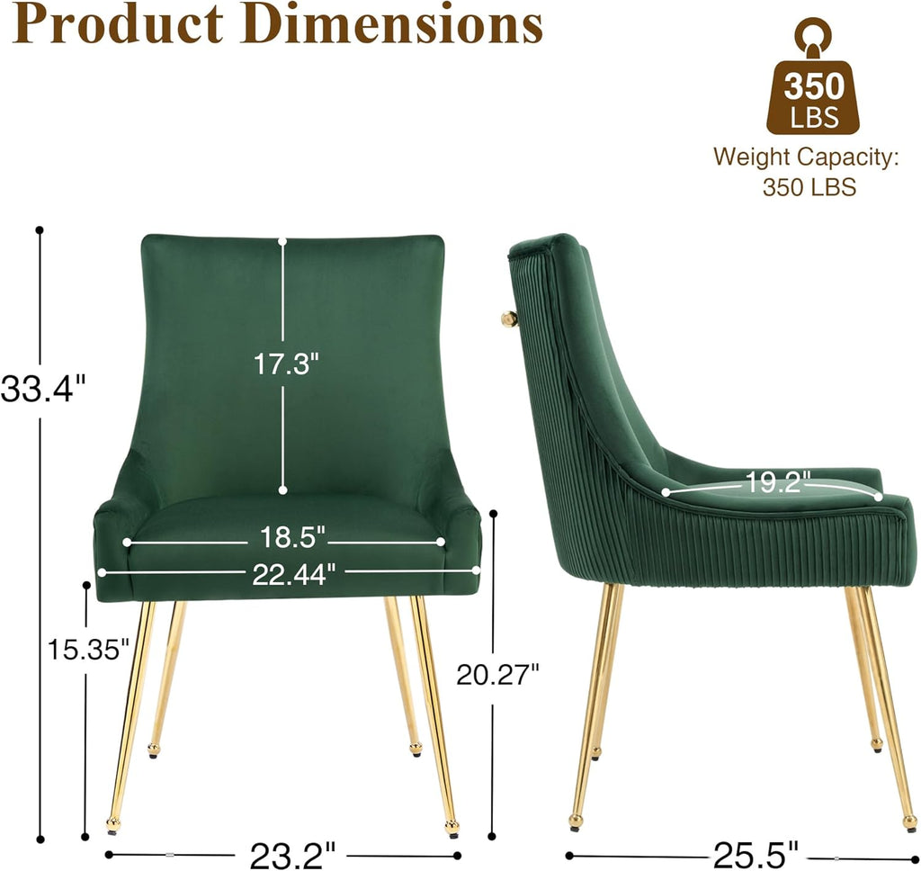 adochr Velvet Dining Chairs Set of 2, Modern Upholstered Kitchen Chair with Pull Handle & Pleated Back, Mid Century Accent Chair with Gold Metal Legs for Vanity,Dining,Kitchen,Living Room, Green