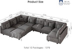 LLappuil 10 Seater Sectional Sofa with Storage, U Shaped Corduroy Modular Couch with 10 Throw Pillows, Convertible Pet-Friendly Sofas for Living Room & Large Space, Reconfigurable, Grey