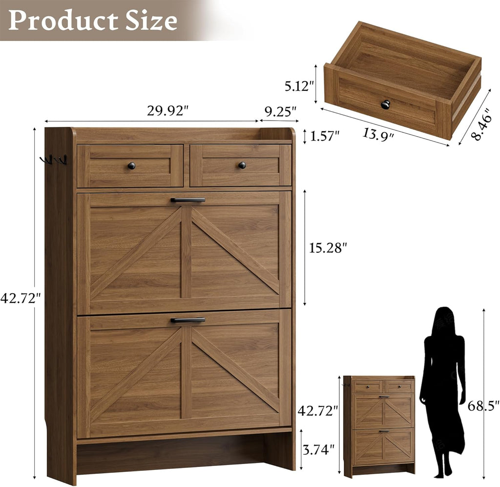 BORNOON Shoe Storage Cabinet for Entryway, Farmhouse Narrow Shoe Cabinet with 2 Flip Drawers & Top Drawers, Adjustable Shelves & Hooks, Freestanding Hidden Rack Organizer for Hallway, Foyer
