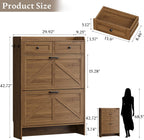 BORNOON Shoe Storage Cabinet for Entryway, Farmhouse Narrow Shoe Cabinet with 2 Flip Drawers & Top Drawers, Adjustable Shelves & Hooks, Freestanding Hidden Rack Organizer for Hallway, Foyer