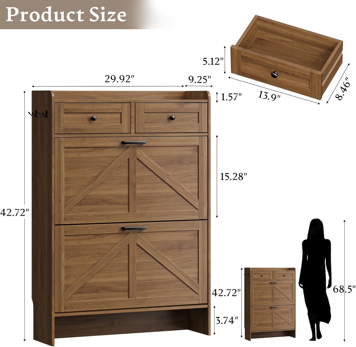 BORNOON Shoe Storage Cabinet for Entryway, Farmhouse Narrow Shoe Cabinet with 2 Flip Drawers & Top Drawers, Adjustable Shelves & Hooks, Freestanding Hidden Rack Organizer for Hallway, Foyer
