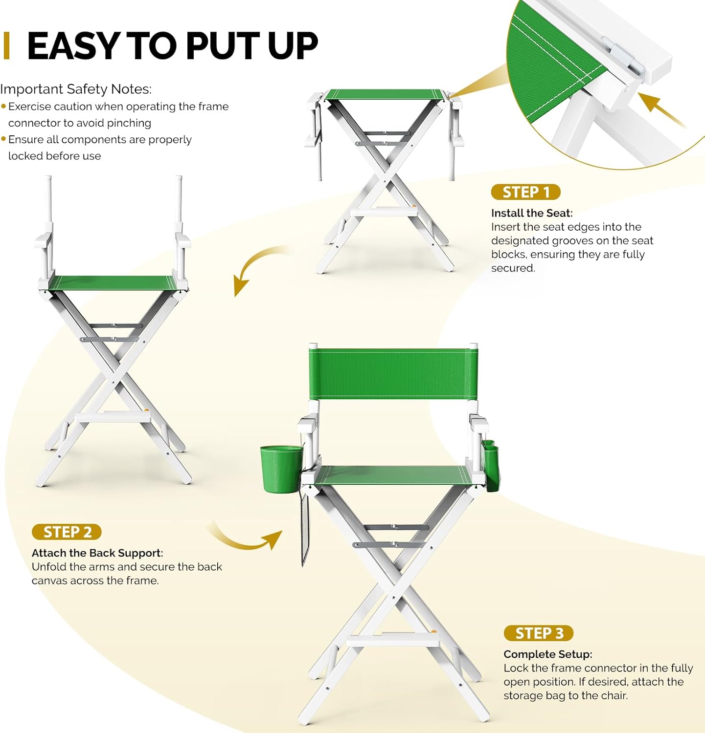 OmySalon Director's Chair 31" Height Folding Portable w/Storage Pouch & Footrest, Makeup Artist Chair for Salon, Events, Mobile, 250lb Capacity, White Wood Frame & Olive Green Canvas Seat
