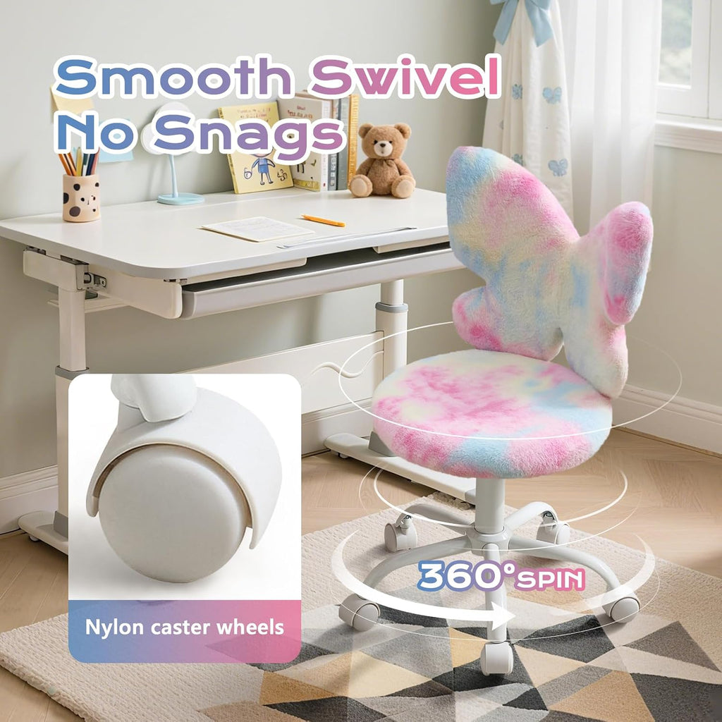 Lessmore Pink Girls Desk Chair - Comfy Swivel Kids Desk Chair for Girls Room, Fluffy Butterfly Kids Office Chair for Reading & Vanity,Pink