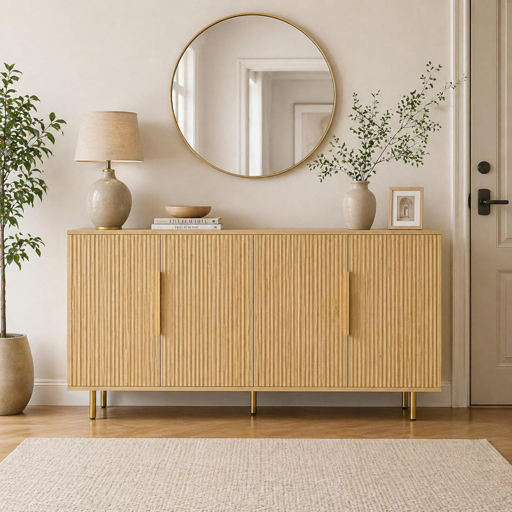 USHOWER 56" Sideboard Buffet Cabinet with Storage - 4 Fluted Doors & Adjustable Shelves, Modern Wood Credenza with Metal Legs for Living Room, Dining Room, Kitchen, Entryway, Large Countertop Space