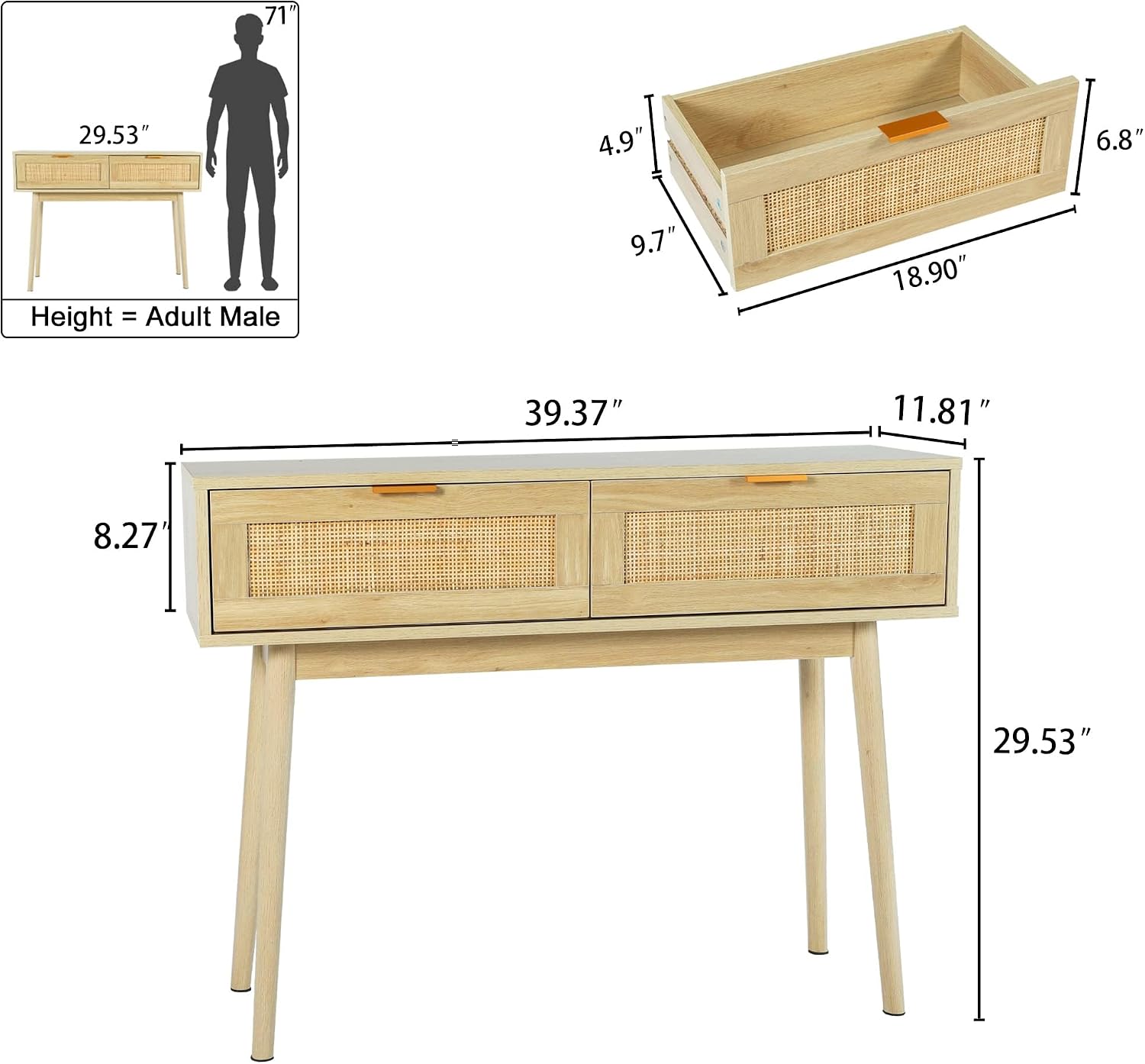 HOPUBUY Console Table Rattan Desk with Drawers Set of 2, Oak Narrow Sofa Table with Pine Leg, Modern Small Entryway Table for Hallway and Living Room, 39" Rustic Natural