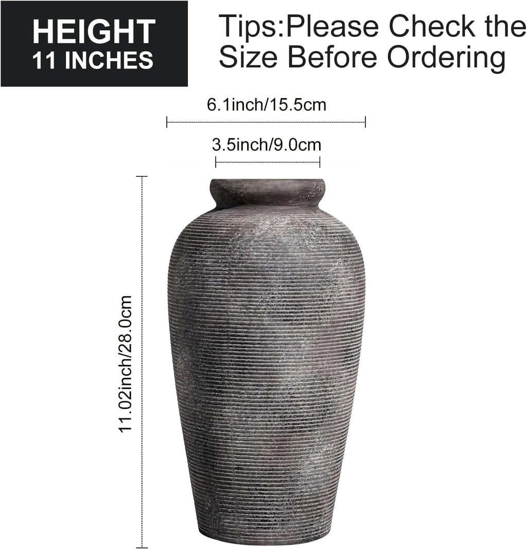 Large Rustic Terracotta Vase, 11 inch Tall Ceramic Flower Vase, Clay Farmhouse Decorative Vases for Flowers, Living Room, Shelf, Entryway, Home Decor, Grey