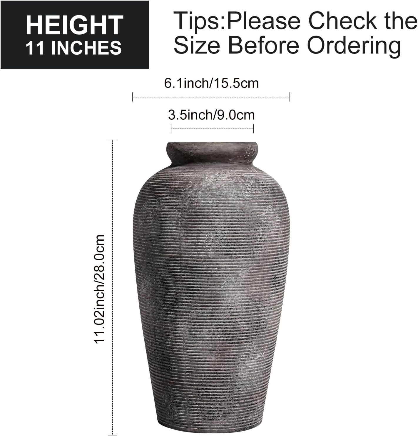 Large Rustic Terracotta Vase, 11 inch Tall Ceramic Flower Vase, Clay Farmhouse Decorative Vases for Flowers, Living Room, Shelf, Entryway, Home Decor, Grey