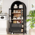 71" Tall Arched Kitchen Pantry Cabinet with 2 Large Drawers and Adjustable Shelves, Modern Farmhouse Storage Cabinet with Glass Doors, Wood Versatile Cupboard for Kitchen (Black)