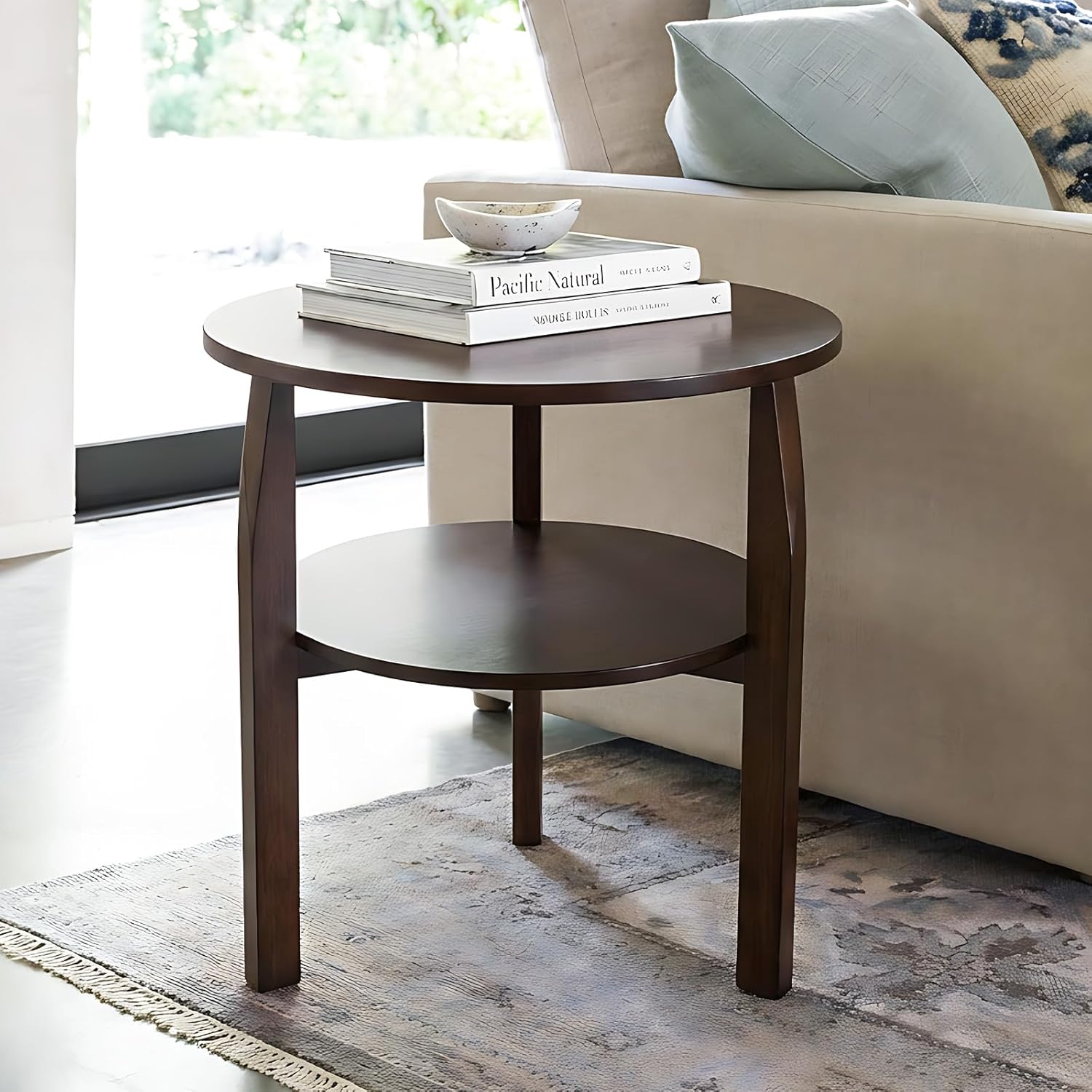 Round Side Table with 2-Tier Shelf Wood End Table | Mid Century Modern Accent Table for Living Room Solid Wood Nightstand for Bedroom Easy Assembly 22.8"D x 23.6"H Walnut