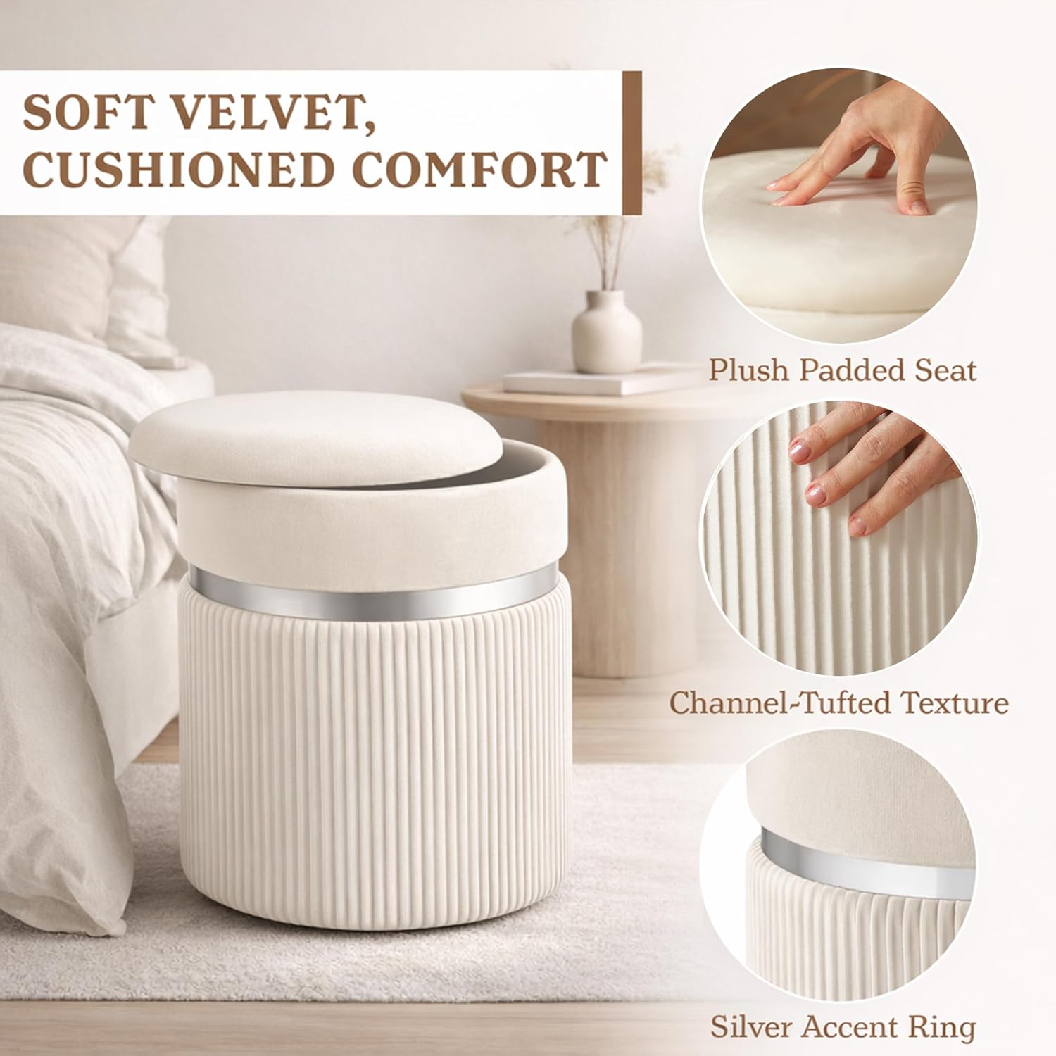 Round Storage Ottoman Set of 2 - White Ottoman with Storage for Living Room - Velvet Vanity Stool and Footrest - Round Nesting Ottoman Stools for Bedroom Makeup Area - Hidden Storage