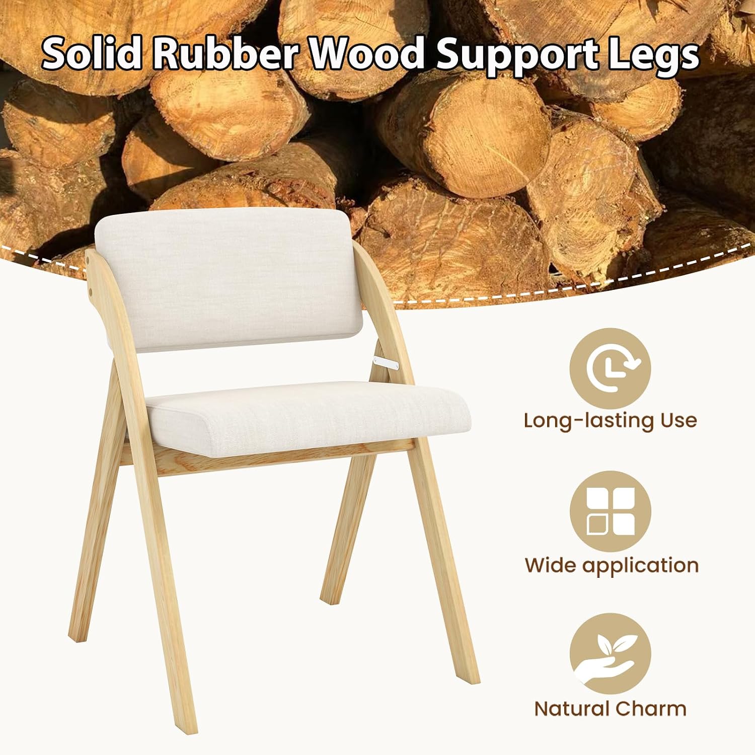 POWERSTONE Folding Chairs Set of 2 with Cushion, Modern Foldable Kitchen Dining Chairs with Rubber Wood Legs for Guests Home Office Wedding Party, No Assembly Natural