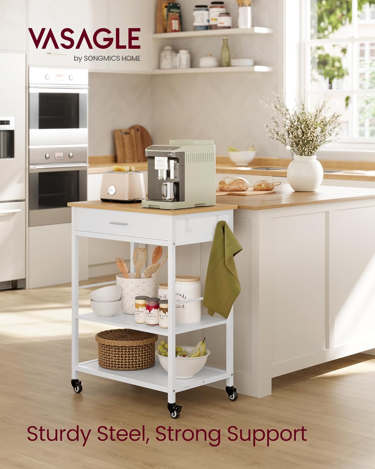 VASAGLE Kitchen Rolling Island, Mobile Kitchen Cart with Storage on Wheels, 17.7 x 23.6 x 35.4 Inches, Drawer, 2 Hooks, for Dining Room, Oak Beige and Matte White UKKI007Y01