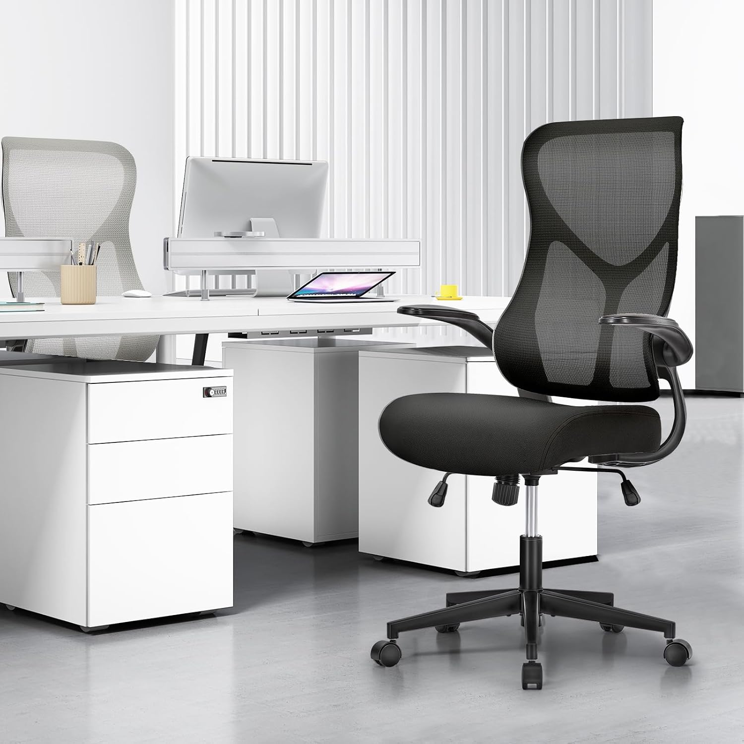 DUMOS Office Managerial Executive Chair with Ergonomic Design, High Back Mesh Computer Desk Chair with Flip-up Armrests, Adjustable Height Swivel Task with Wheels, Comfy Lumbar Support, Black